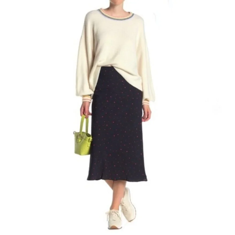 New Anthropologie Elodie Skirt A-line Midi Length Navy Blue with Red Polka Dots - Picture 8 of 8